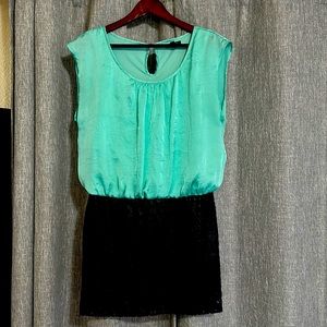 As U Wish, Teal silk and black leather dress